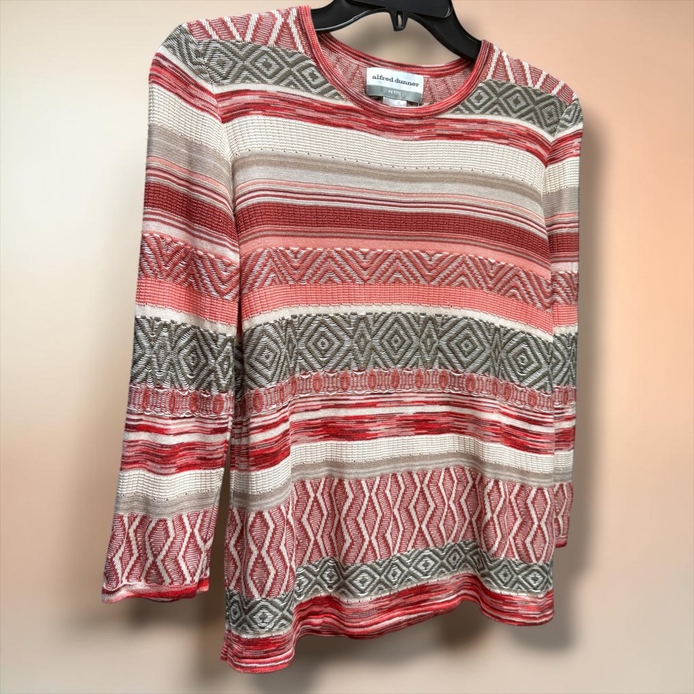Alfred Dunner Petite PM Geometric Stripe Knit Top 3/4 Sleeve Coral Red Rayon